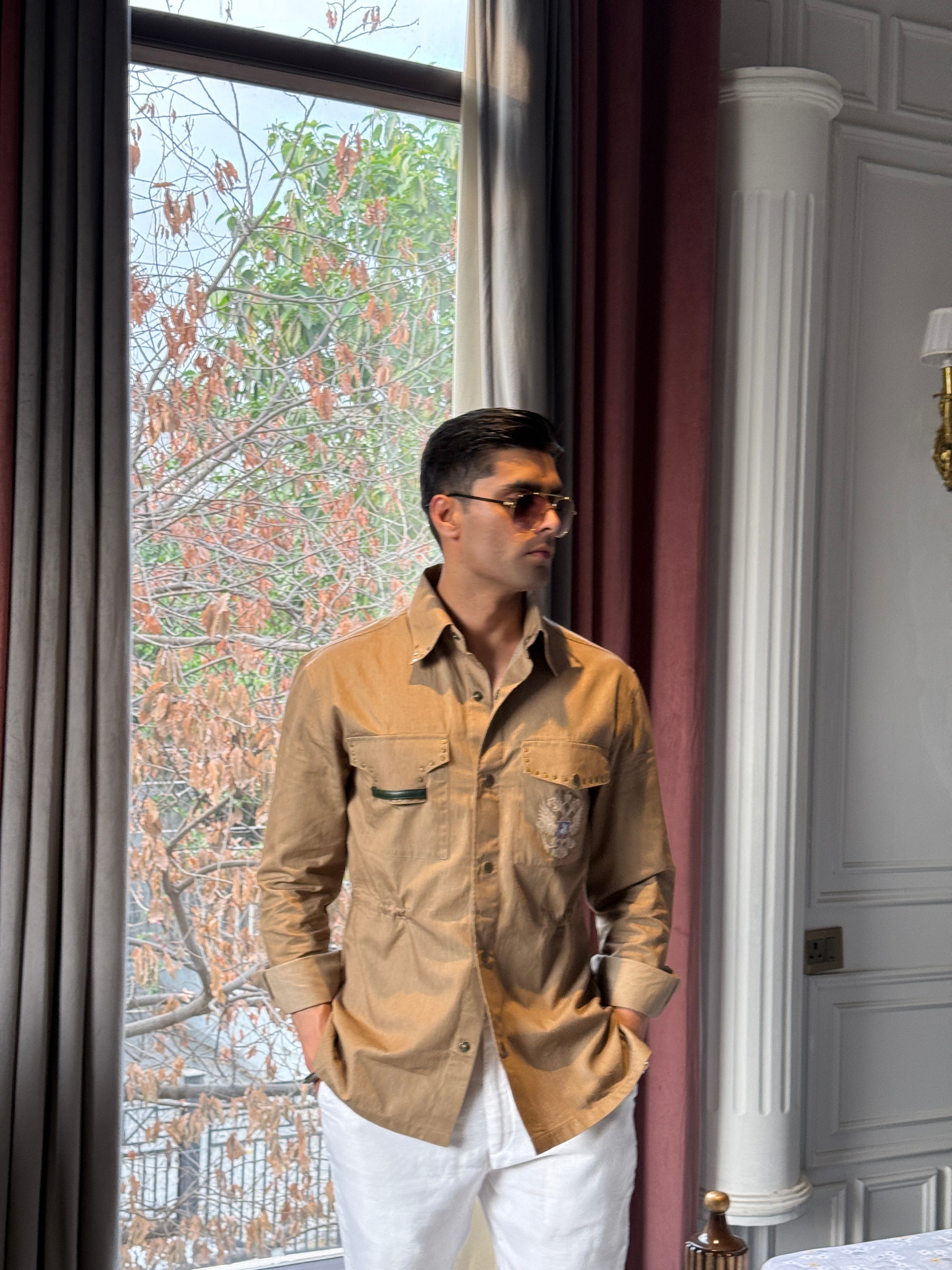 Double pocket studded bronze shirt