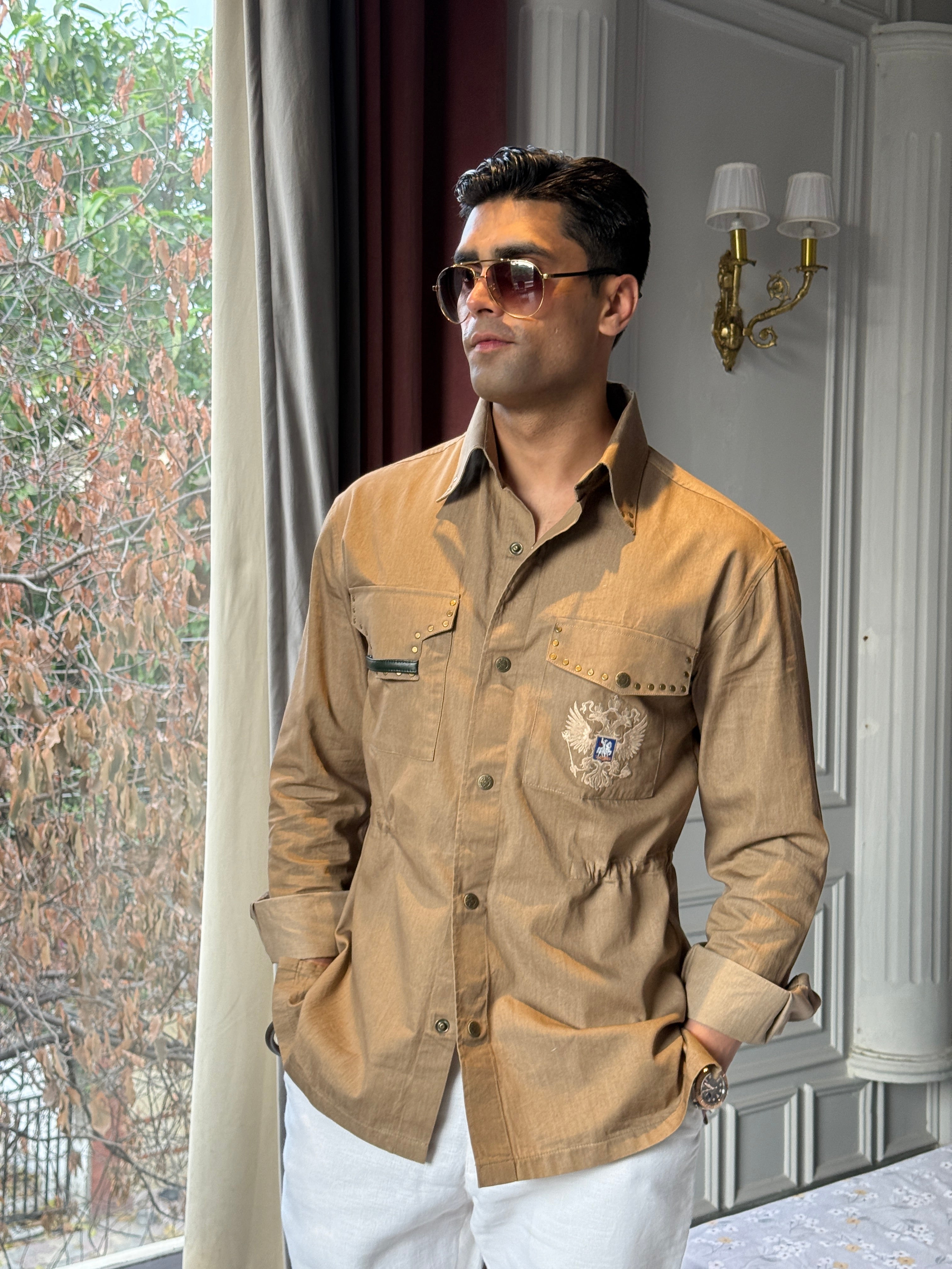 Double pocket studded bronze shirt