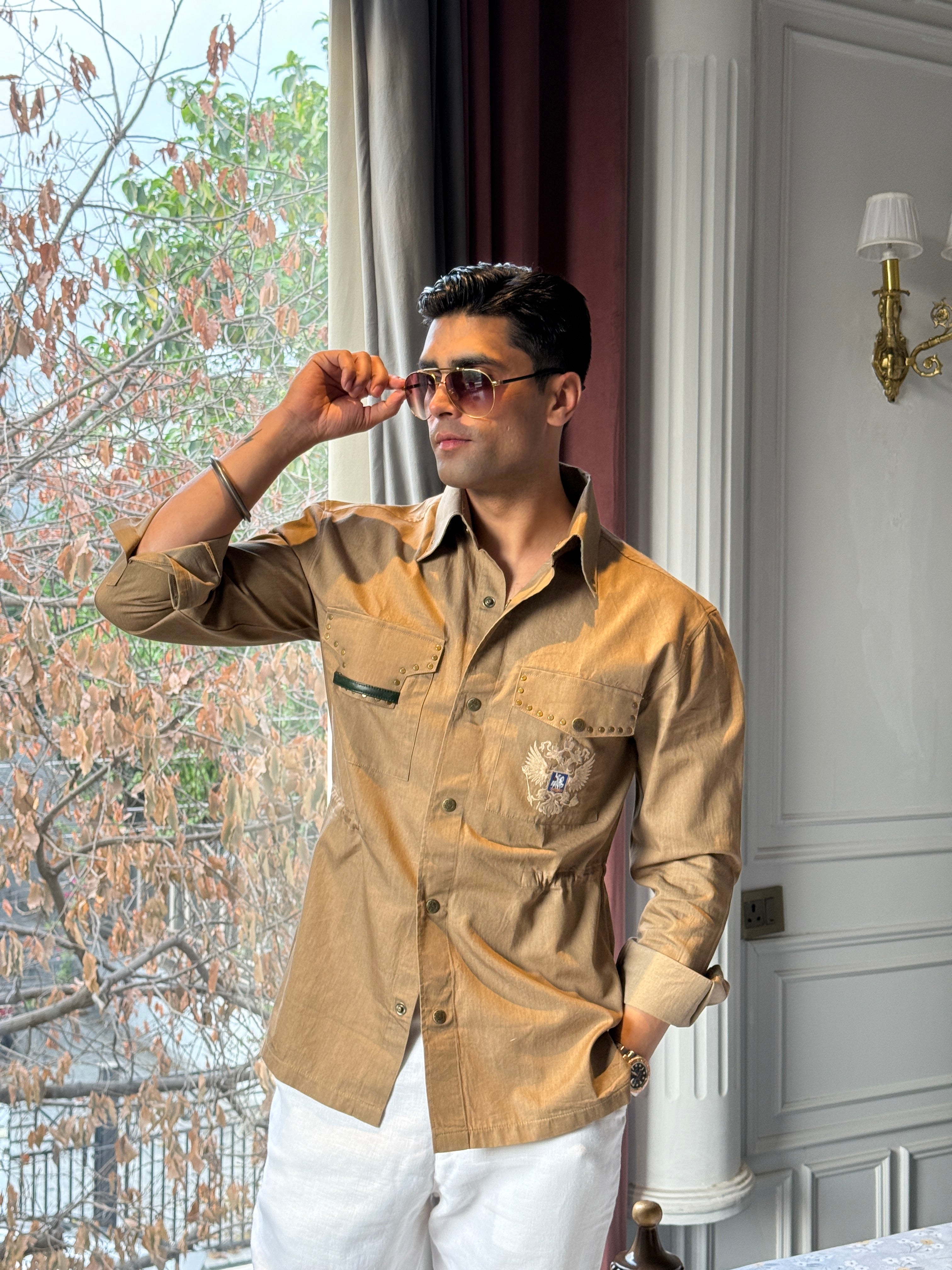 Double pocket studded bronze shirt