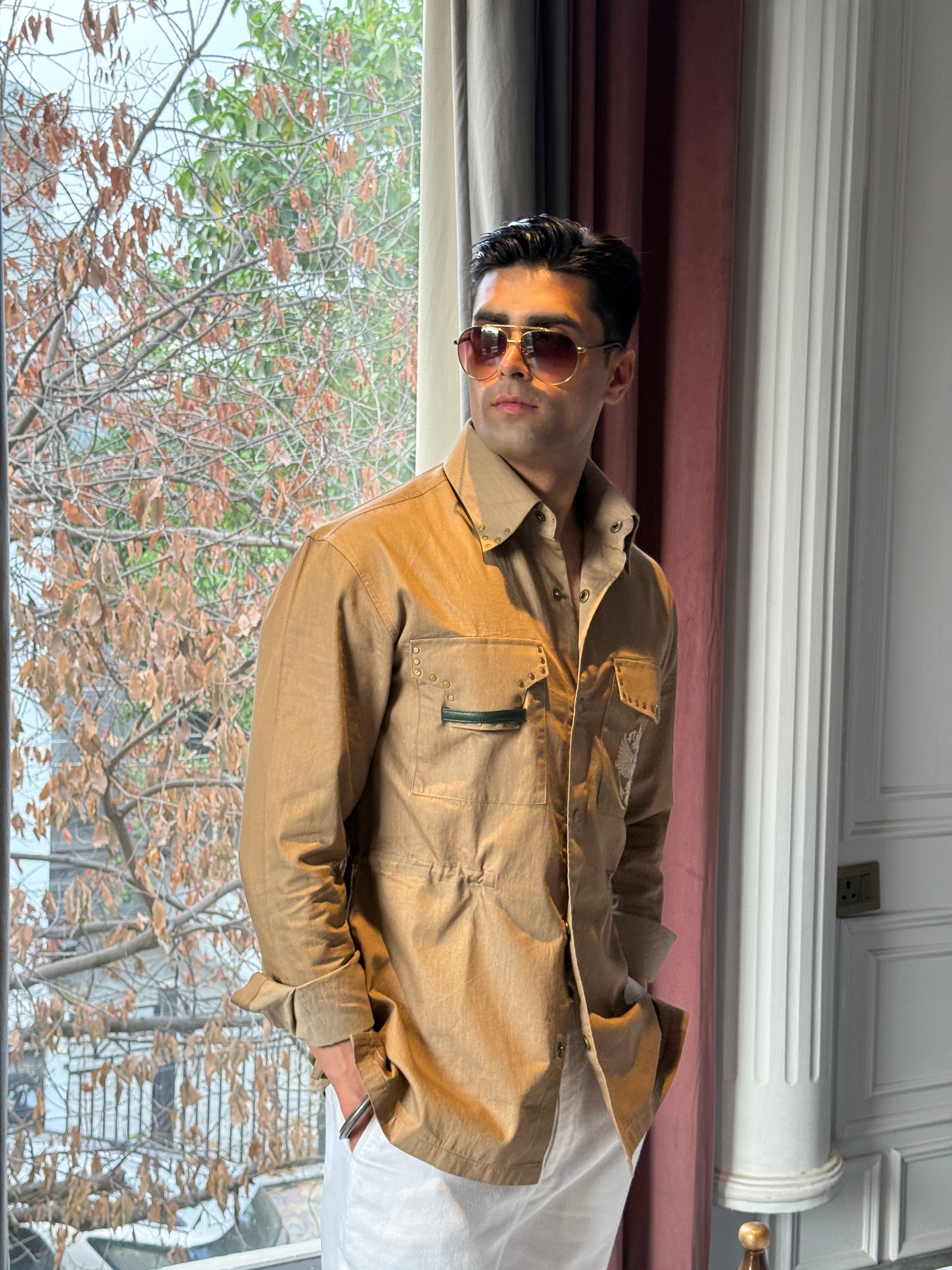 Double pocket studded bronze shirt