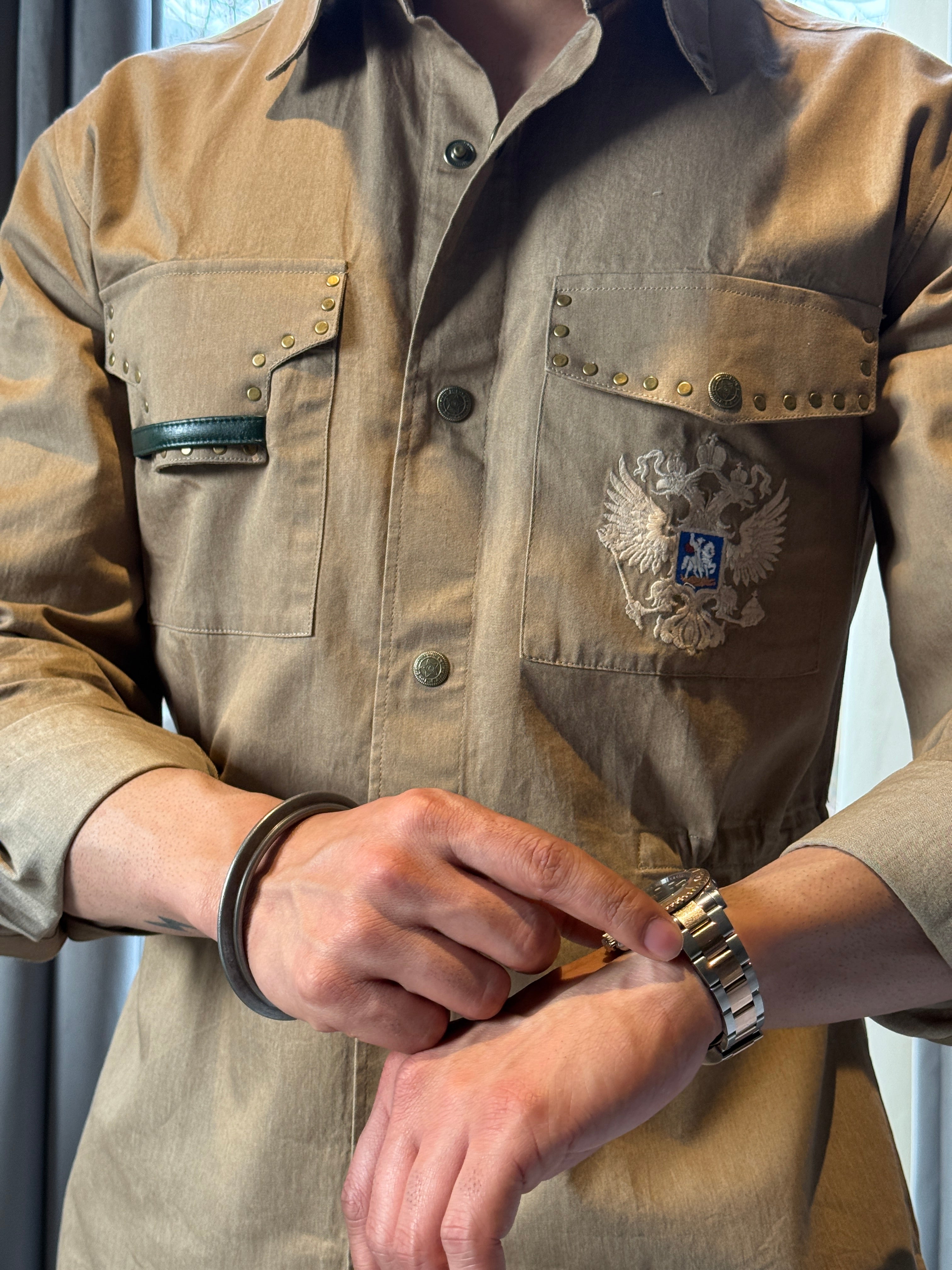 Double pocket studded bronze shirt