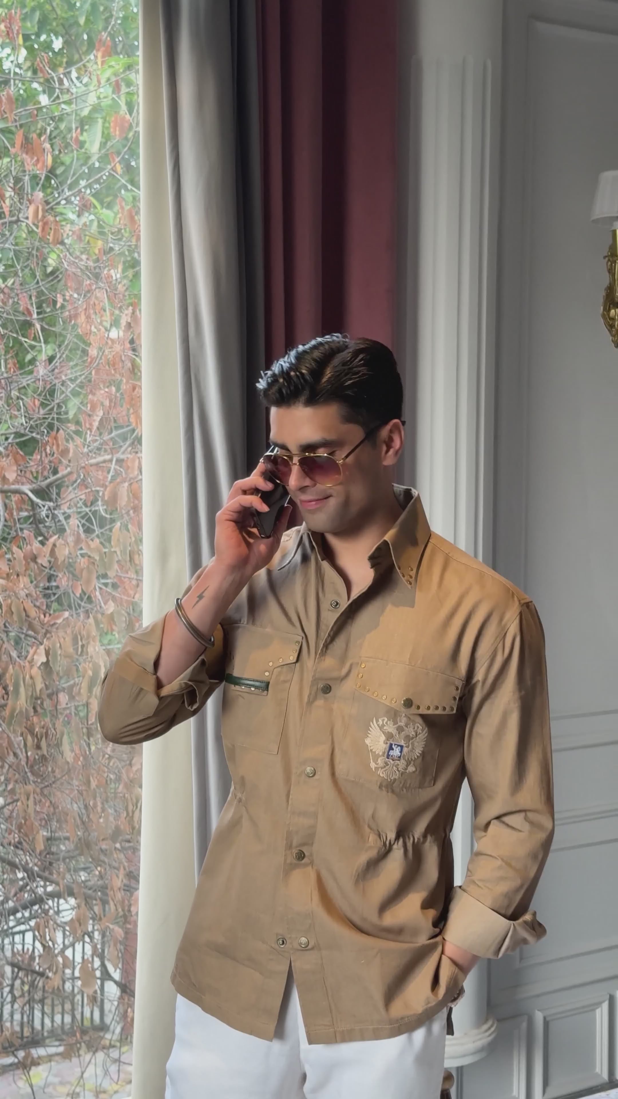 Double pocket studded bronze shirt